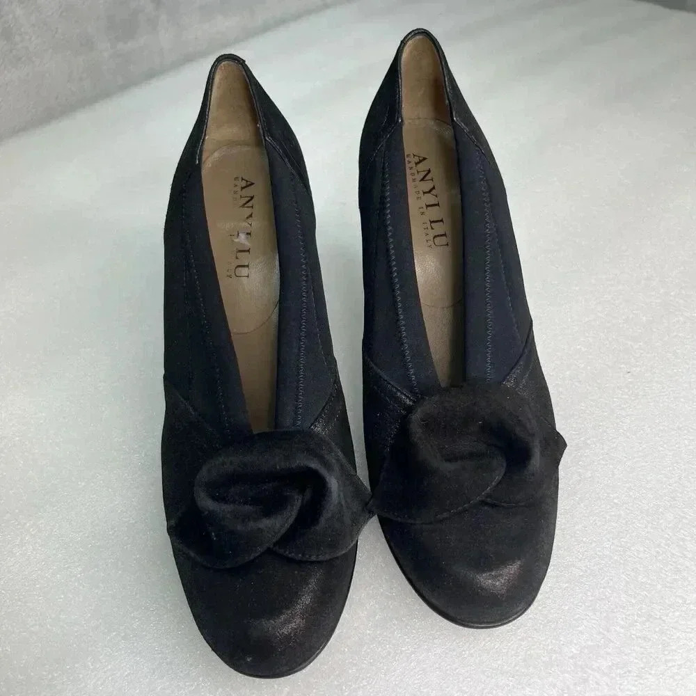 ANYI LU Hand Made‎ Italy Heels Black Fabric Metallic Leather Bow Detail Formal 9 - Picture 4 of 16